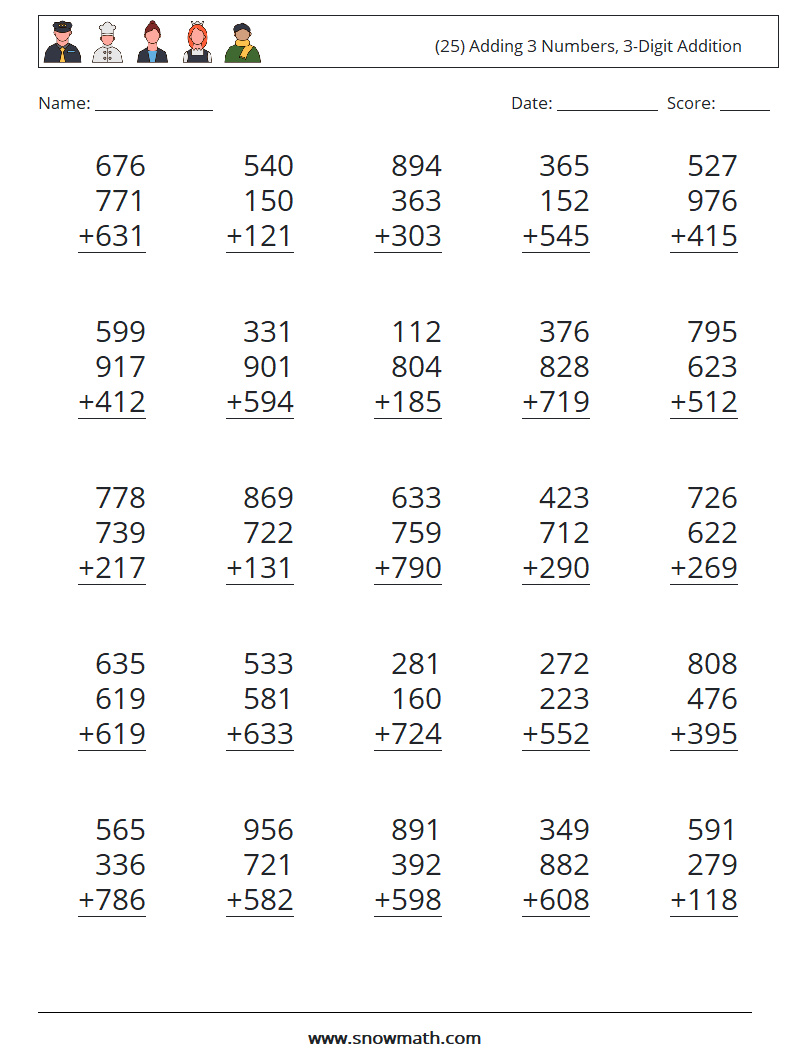 (25) Adding 3 Numbers, 3-Digit Addition Maths Worksheets 18