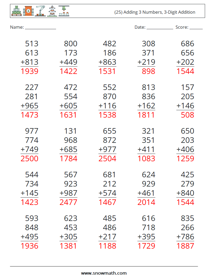 (25) Adding 3 Numbers, 3-Digit Addition Math Worksheets 1 Question, Answer