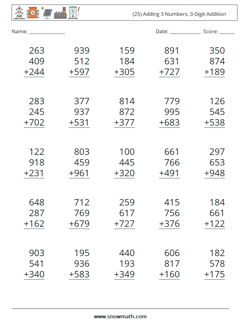 (25) Adding 3 Numbers, 3-Digit Addition Math Worksheets 2