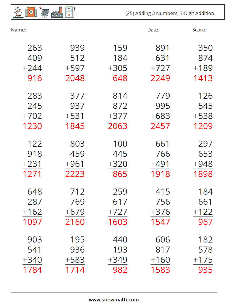 (25) Adding 3 Numbers, 3-Digit Addition Math Worksheets 2 Question, Answer