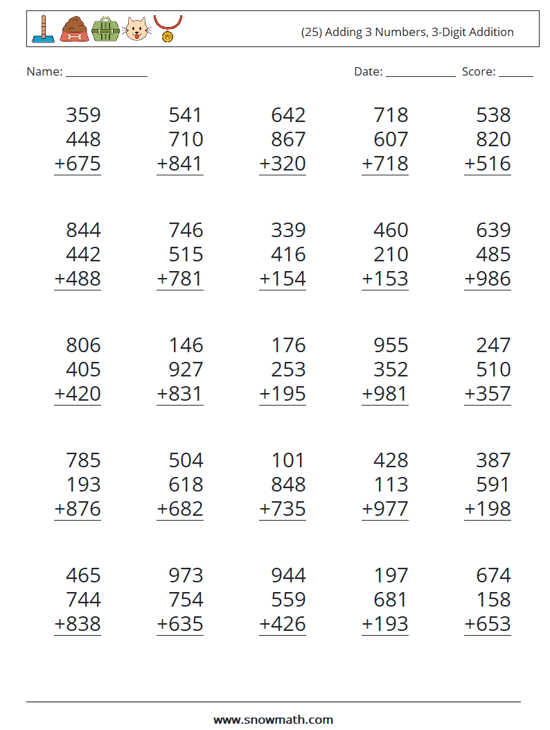 (25) Adding 3 Numbers, 3-Digit Addition Math Worksheets 3