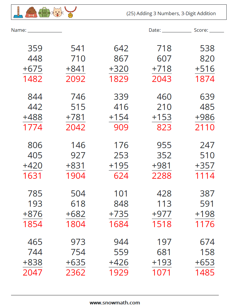 (25) Adding 3 Numbers, 3-Digit Addition Math Worksheets 3 Question, Answer
