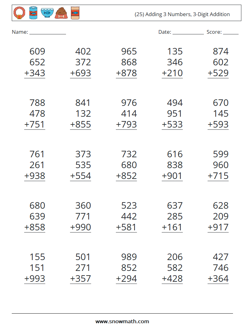 (25) Adding 3 Numbers, 3-Digit Addition Math Worksheets 4