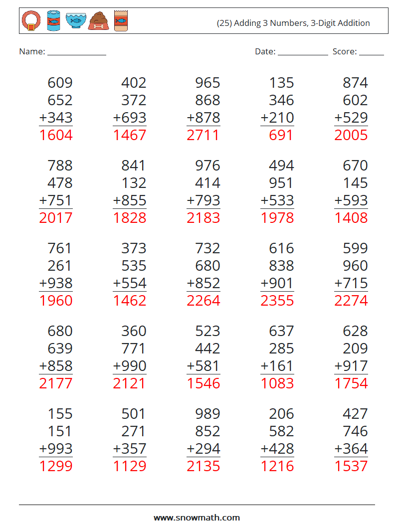 (25) Adding 3 Numbers, 3-Digit Addition Math Worksheets 4 Question, Answer