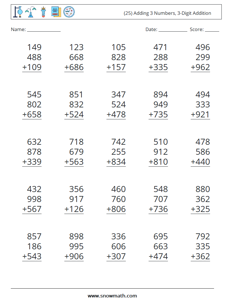 (25) Adding 3 Numbers, 3-Digit Addition Math Worksheets 5