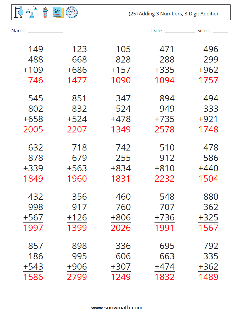 (25) Adding 3 Numbers, 3-Digit Addition Math Worksheets 5 Question, Answer