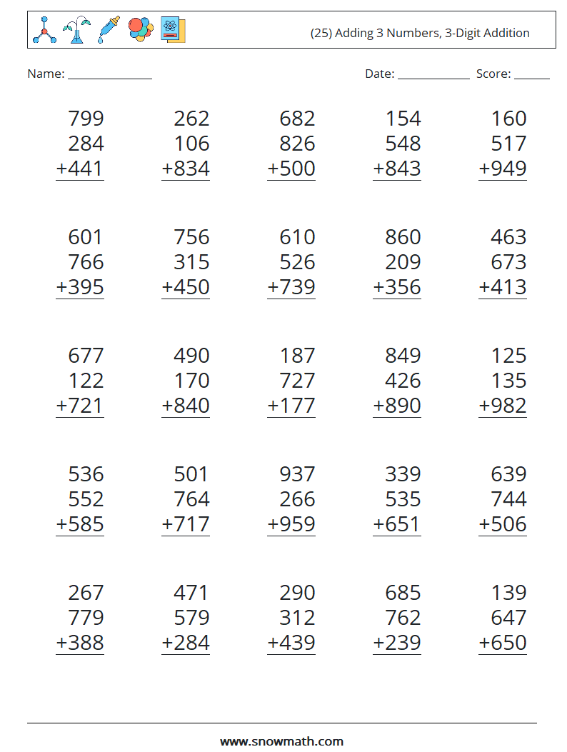 (25) Adding 3 Numbers, 3-Digit Addition Maths Worksheets 6