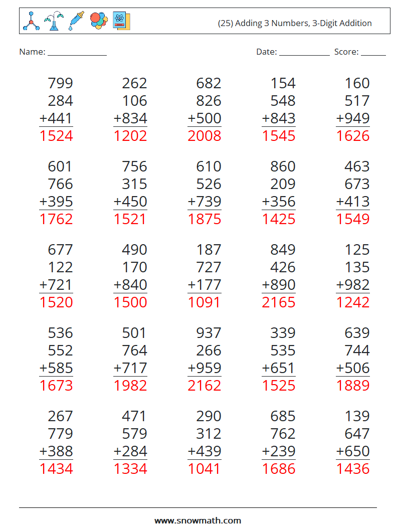 (25) Adding 3 Numbers, 3-Digit Addition Math Worksheets 6 Question, Answer