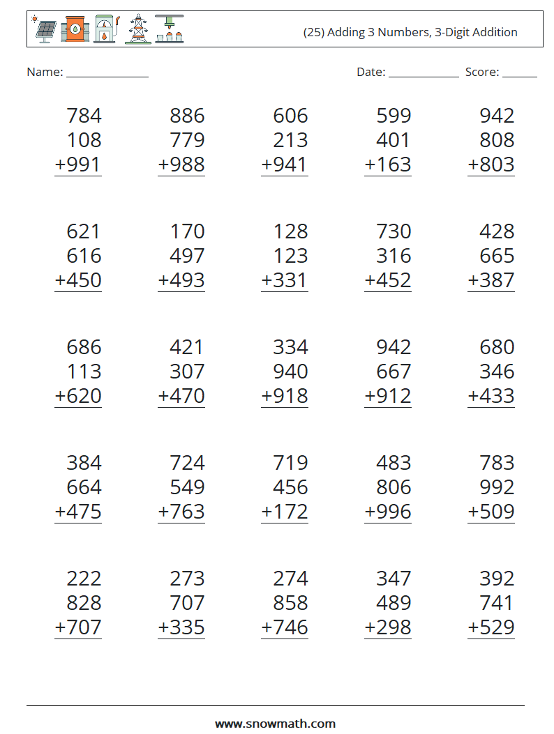 (25) Adding 3 Numbers, 3-Digit Addition Math Worksheets 7