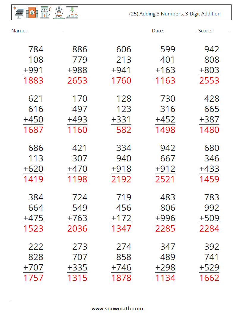 (25) Adding 3 Numbers, 3-Digit Addition Math Worksheets 7 Question, Answer