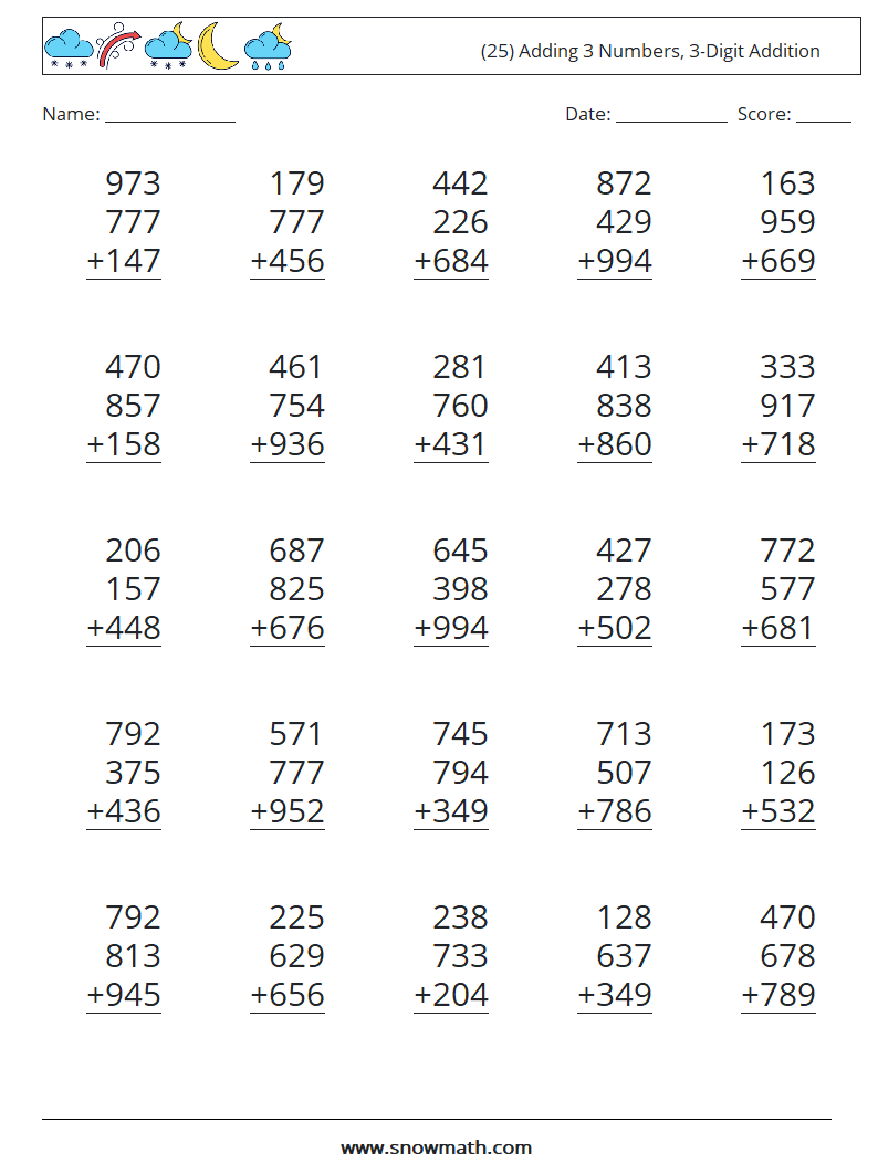 (25) Adding 3 Numbers, 3-Digit Addition Maths Worksheets 8