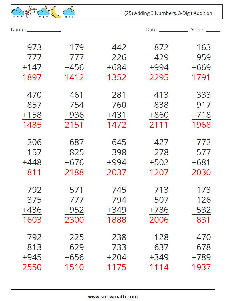(25) Adding 3 Numbers, 3-Digit Addition Math Worksheets 8 Question, Answer