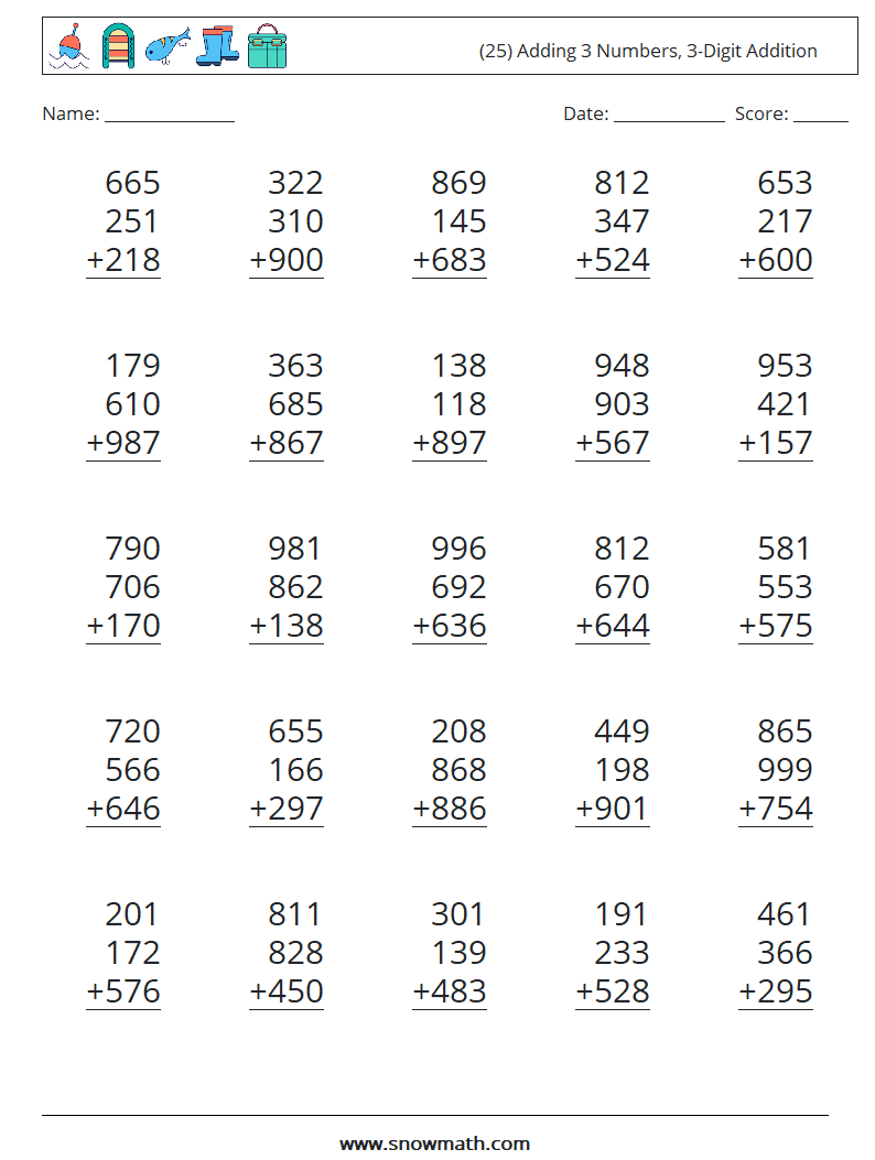 (25) Adding 3 Numbers, 3-Digit Addition Math Worksheets 9