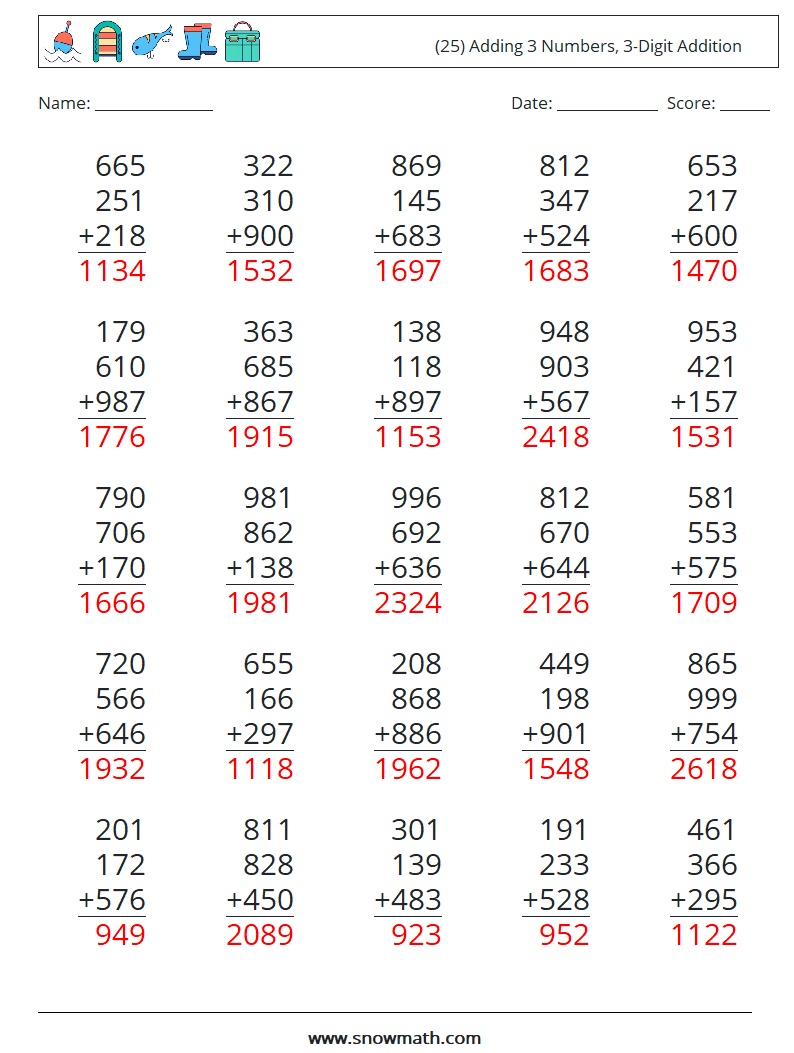 (25) Adding 3 Numbers, 3-Digit Addition Math Worksheets 9 Question, Answer