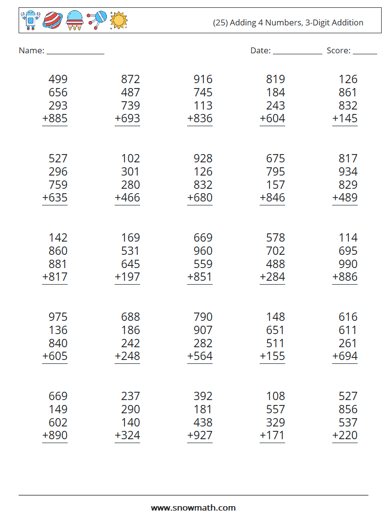 (25) Adding 4 Numbers, 3-Digit Addition