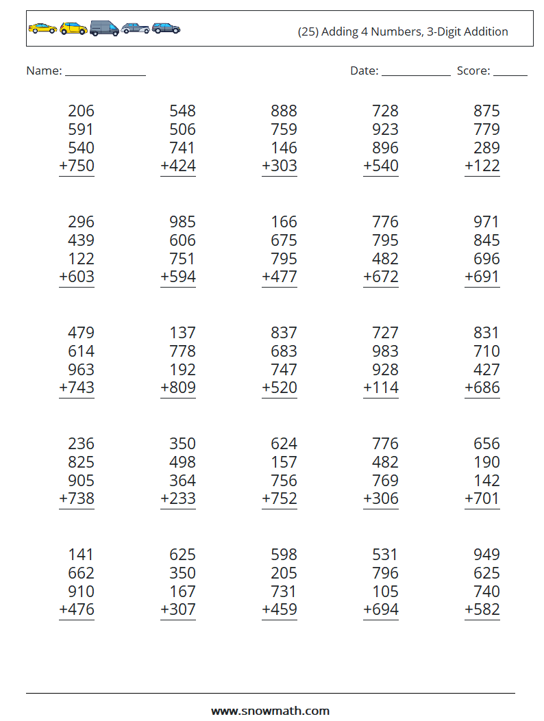 (25) Adding 4 Numbers, 3-Digit Addition Math Worksheets 10