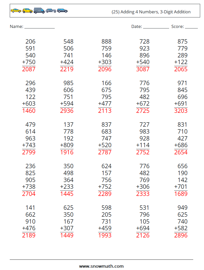 (25) Adding 4 Numbers, 3-Digit Addition Math Worksheets 10 Question, Answer