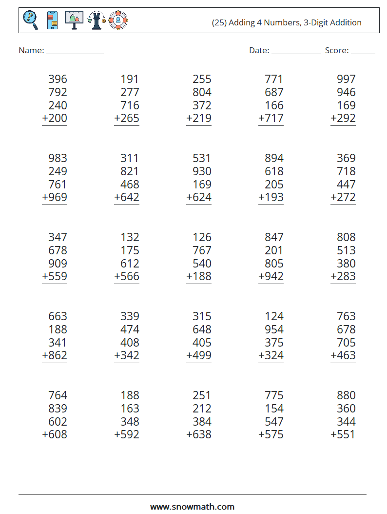 (25) Adding 4 Numbers, 3-Digit Addition Maths Worksheets 11