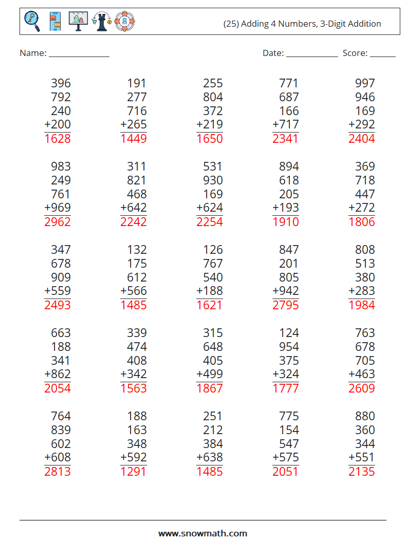 (25) Adding 4 Numbers, 3-Digit Addition Math Worksheets 11 Question, Answer