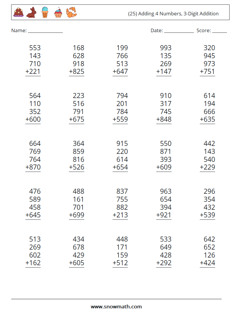 (25) Adding 4 Numbers, 3-Digit Addition Math Worksheets 12