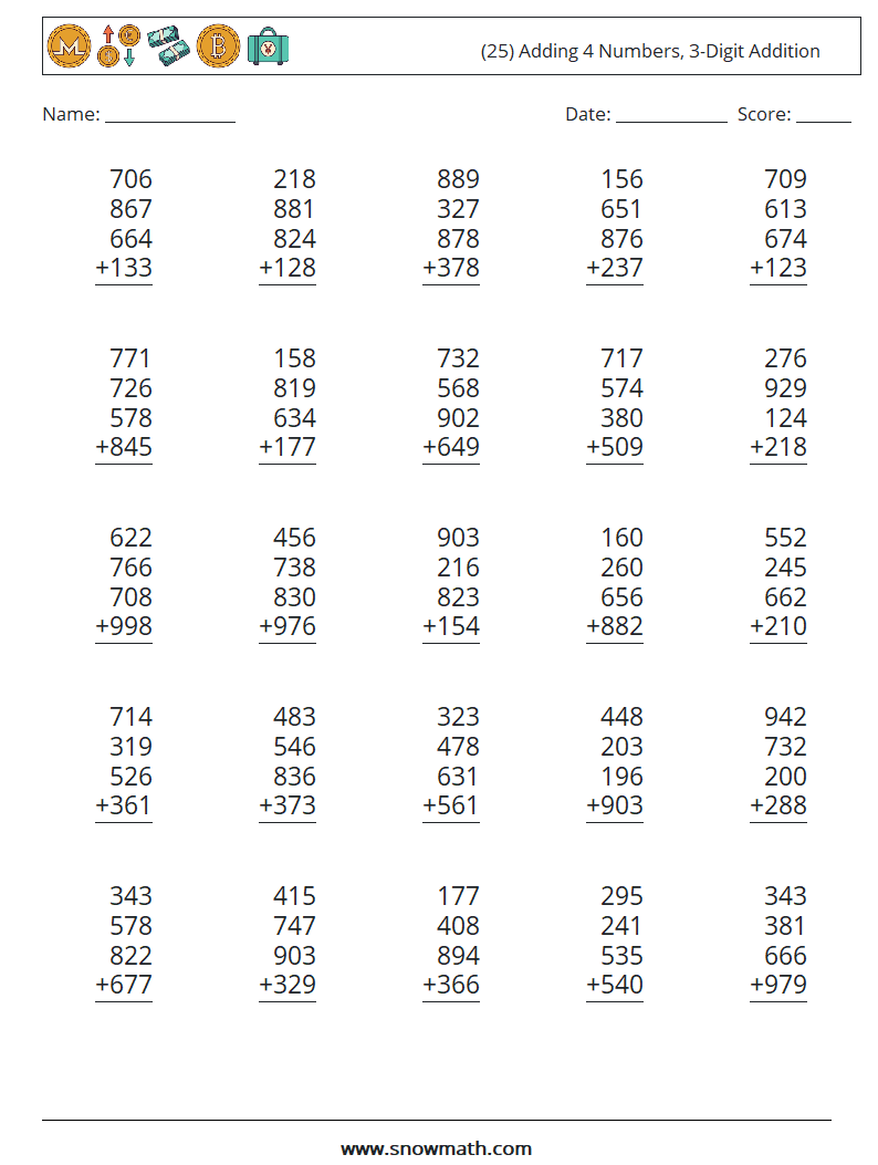 (25) Adding 4 Numbers, 3-Digit Addition Math Worksheets 13