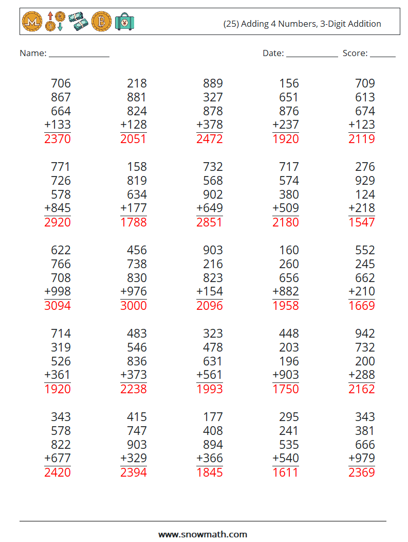 (25) Adding 4 Numbers, 3-Digit Addition Math Worksheets 13 Question, Answer