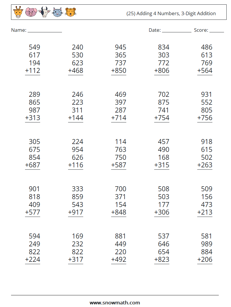 (25) Adding 4 Numbers, 3-Digit Addition Maths Worksheets 14