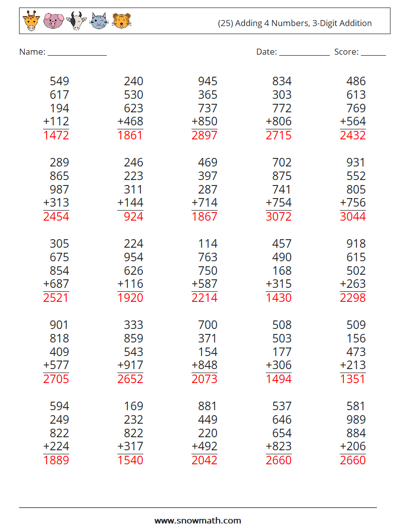 (25) Adding 4 Numbers, 3-Digit Addition Math Worksheets 14 Question, Answer