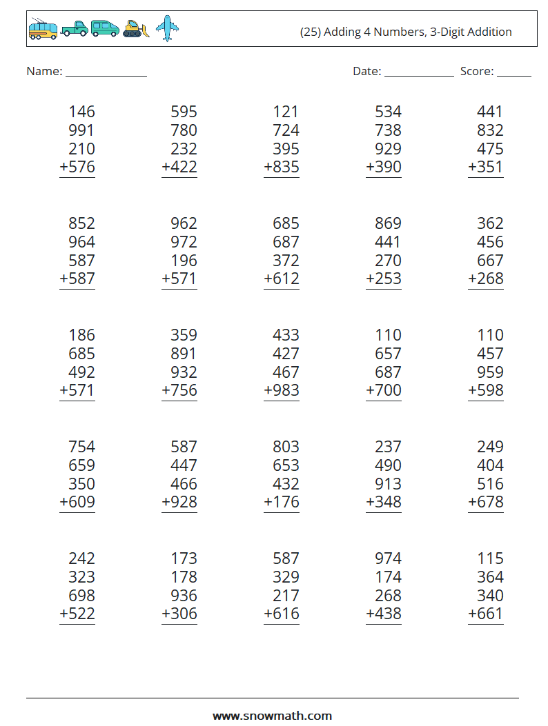 (25) Adding 4 Numbers, 3-Digit Addition Math Worksheets 15