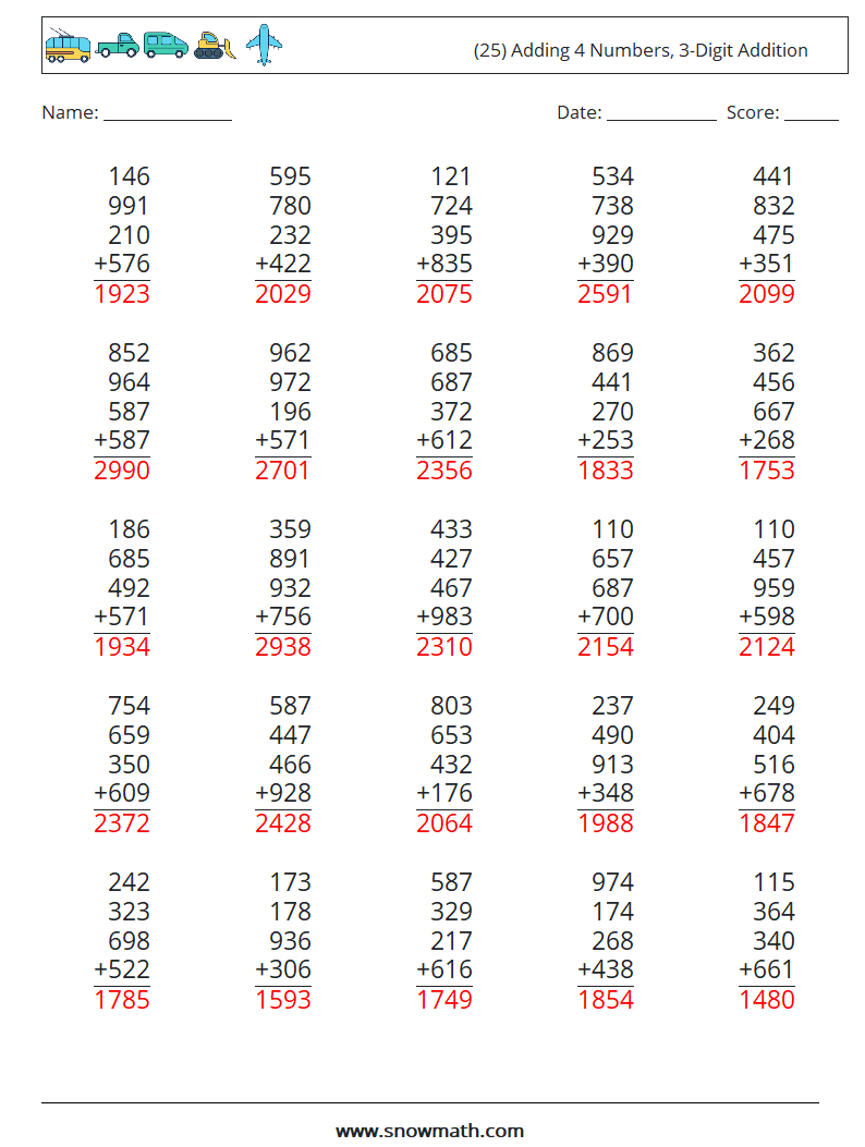 (25) Adding 4 Numbers, 3-Digit Addition Math Worksheets 15 Question, Answer