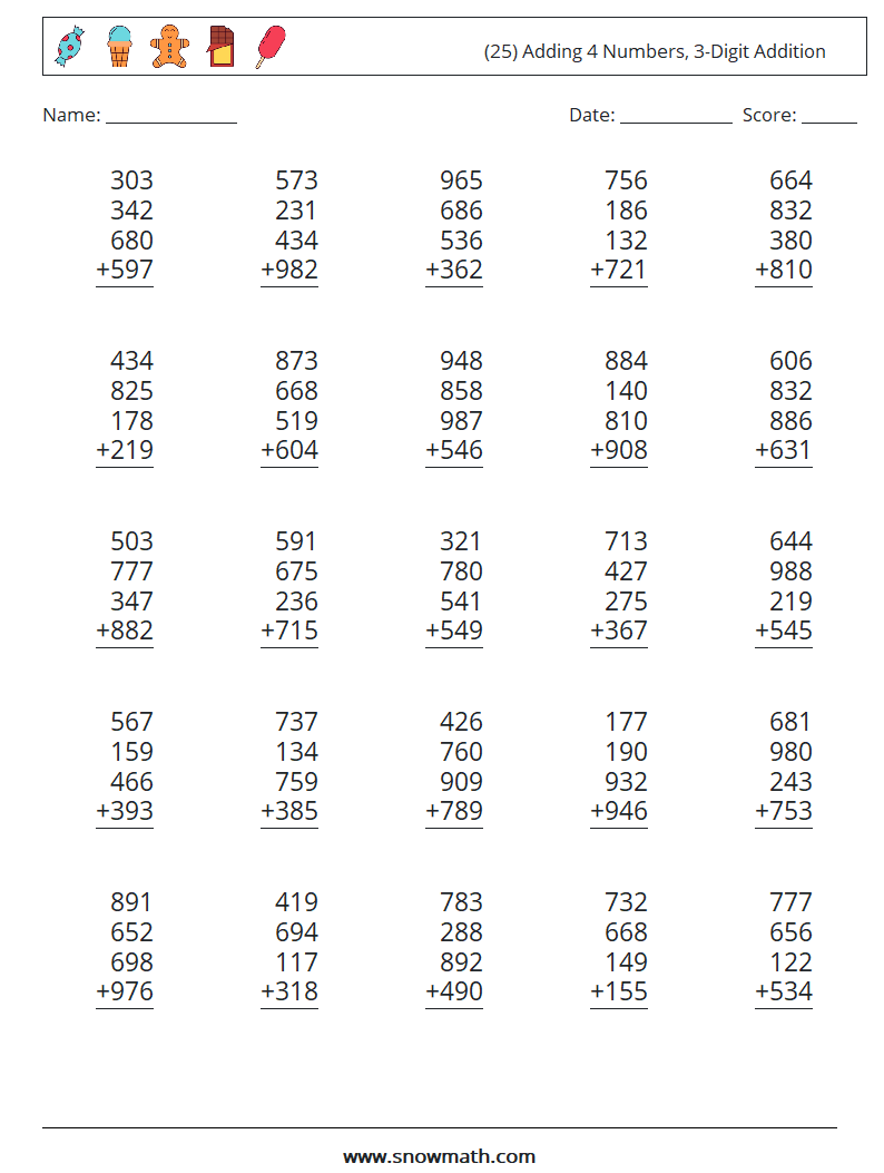 (25) Adding 4 Numbers, 3-Digit Addition Math Worksheets 16