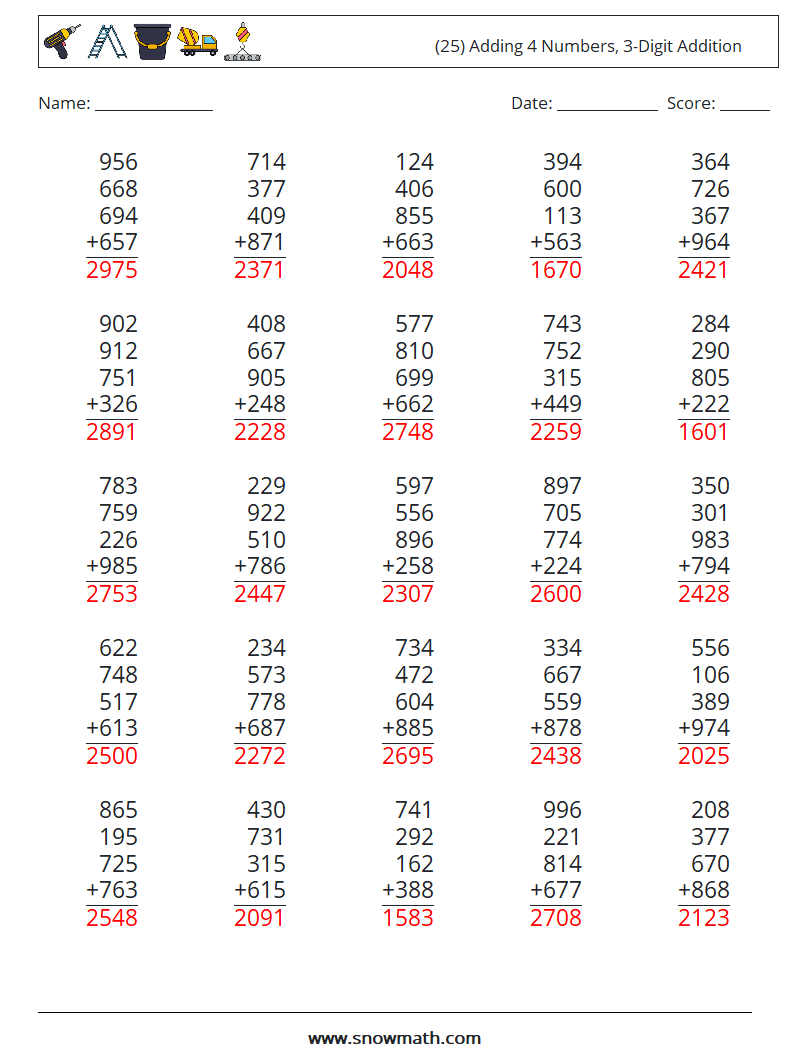 (25) Adding 4 Numbers, 3-Digit Addition Math Worksheets 17 Question, Answer