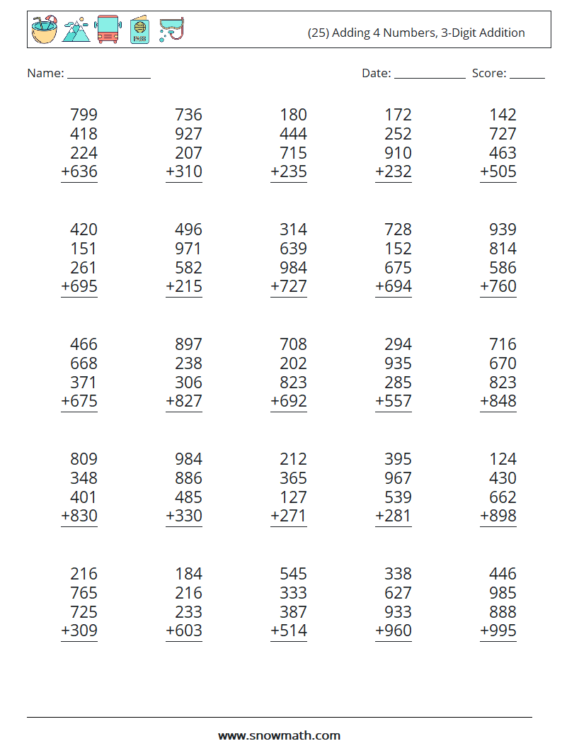 (25) Adding 4 Numbers, 3-Digit Addition Math Worksheets 18