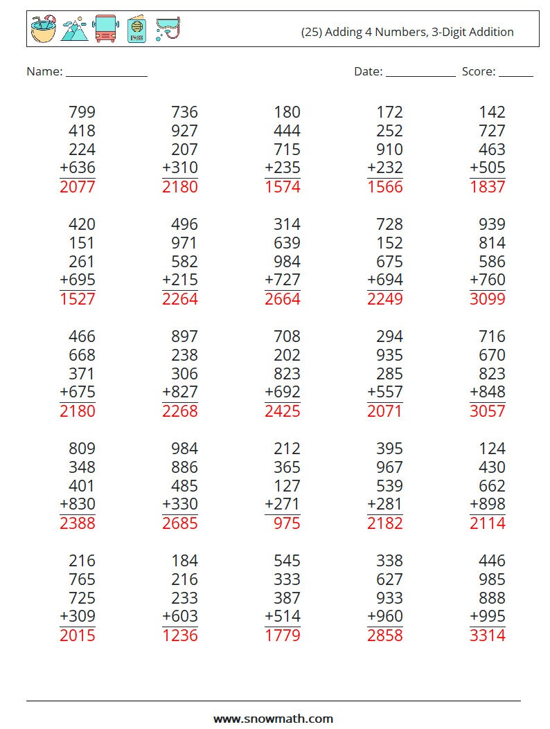 (25) Adding 4 Numbers, 3-Digit Addition Math Worksheets 18 Question, Answer