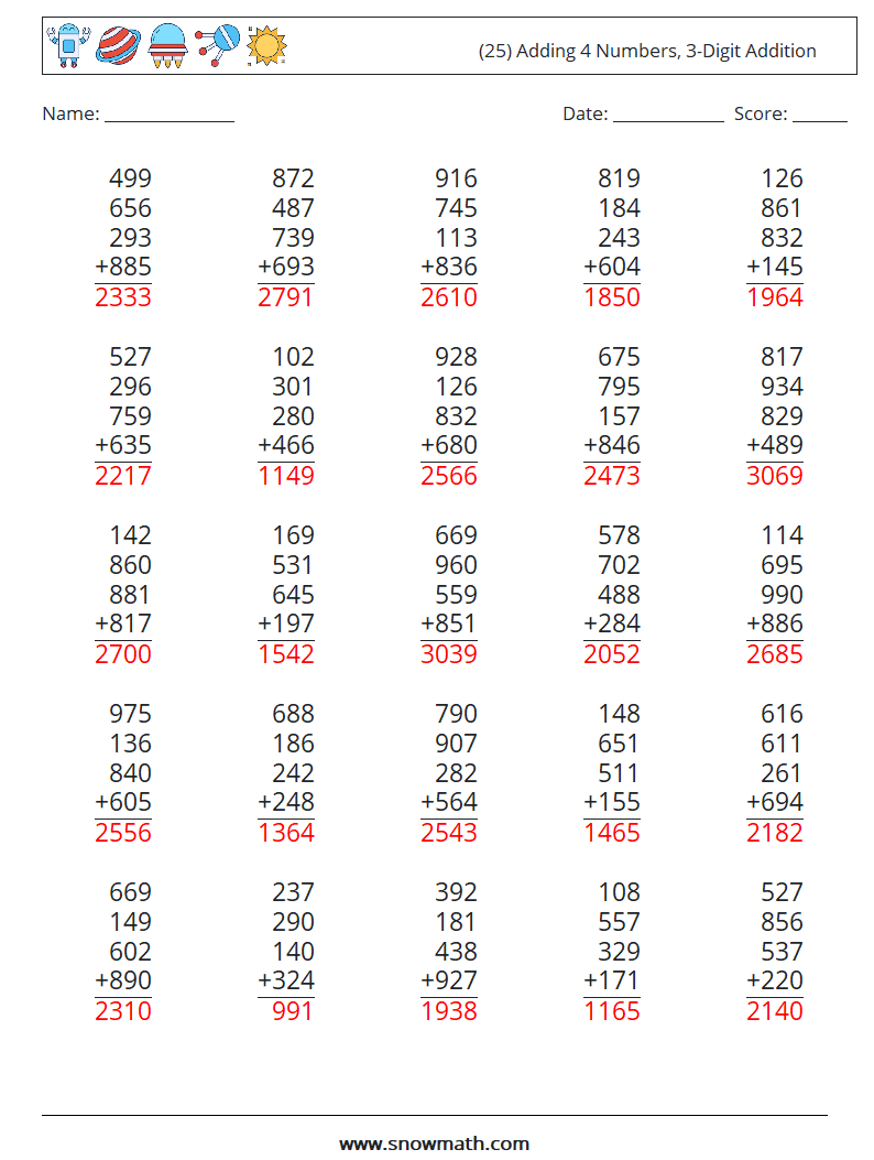 (25) Adding 4 Numbers, 3-Digit Addition Math Worksheets 1 Question, Answer