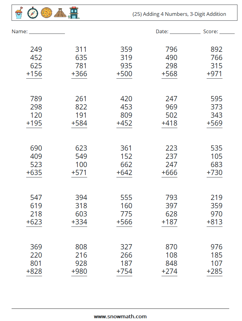 (25) Adding 4 Numbers, 3-Digit Addition Maths Worksheets 2