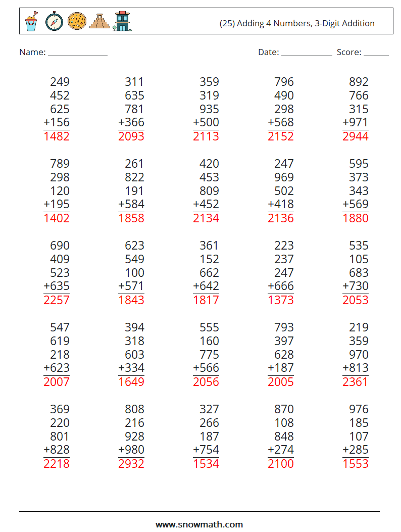 (25) Adding 4 Numbers, 3-Digit Addition Math Worksheets 2 Question, Answer