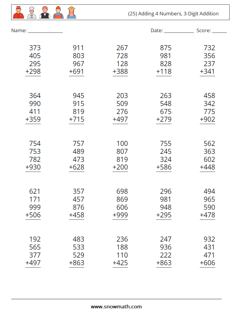 (25) Adding 4 Numbers, 3-Digit Addition Maths Worksheets 3