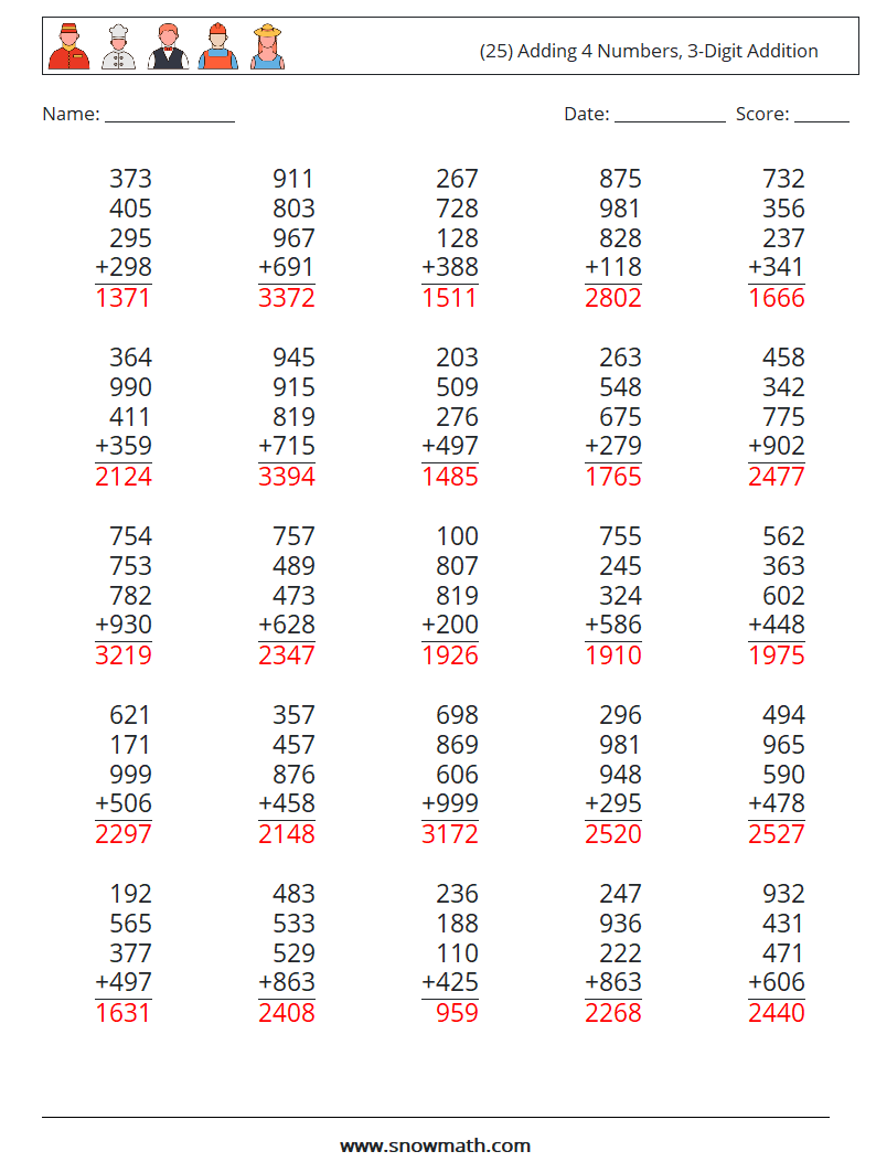 (25) Adding 4 Numbers, 3-Digit Addition Math Worksheets 3 Question, Answer