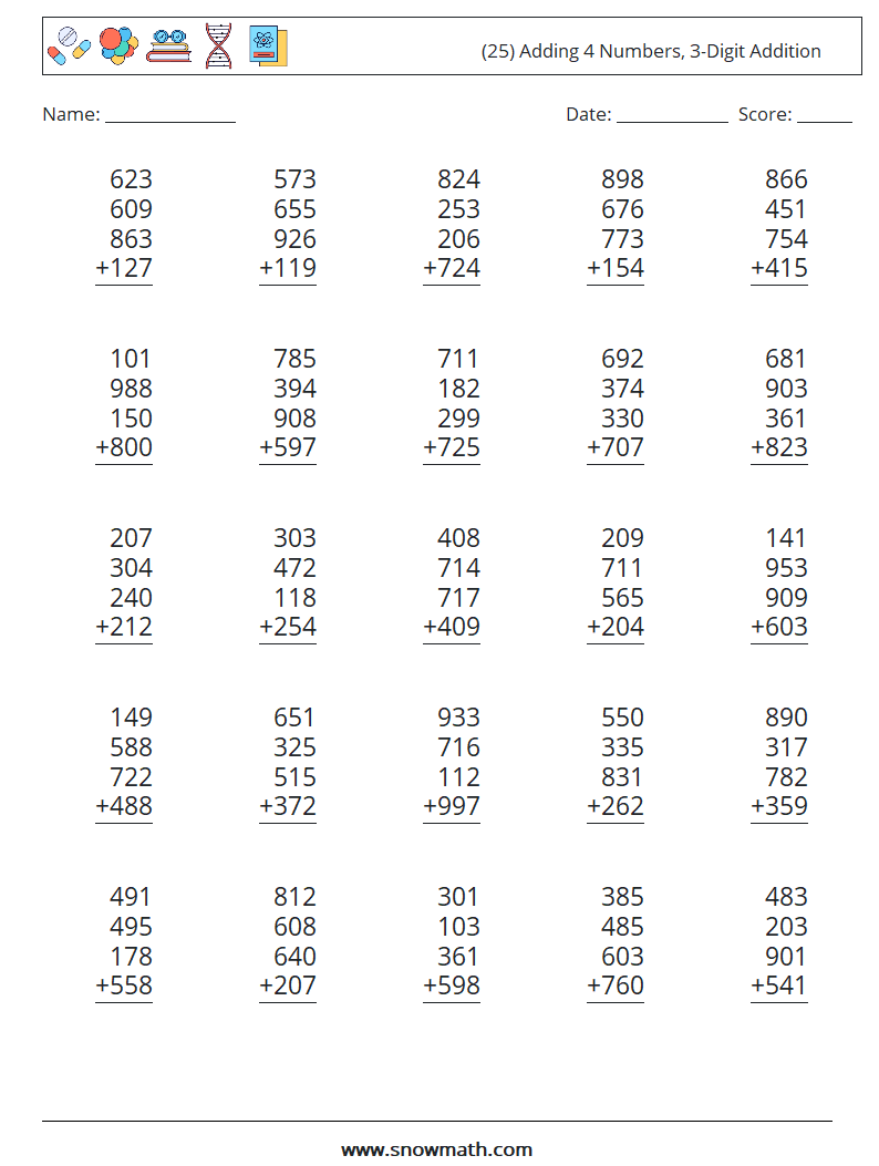 (25) Adding 4 Numbers, 3-Digit Addition Math Worksheets 4