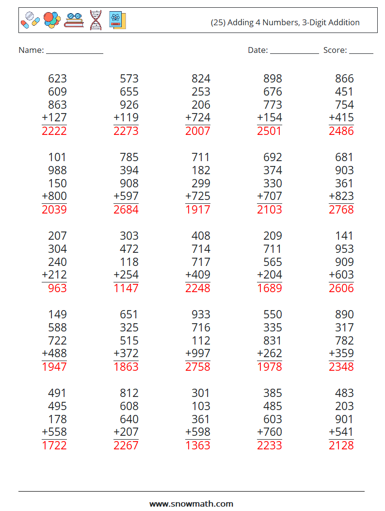 (25) Adding 4 Numbers, 3-Digit Addition Math Worksheets 4 Question, Answer