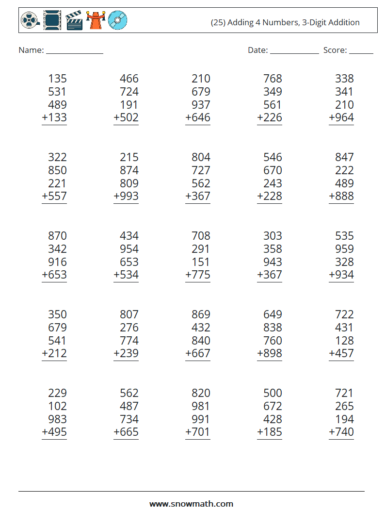(25) Adding 4 Numbers, 3-Digit Addition Math Worksheets 5