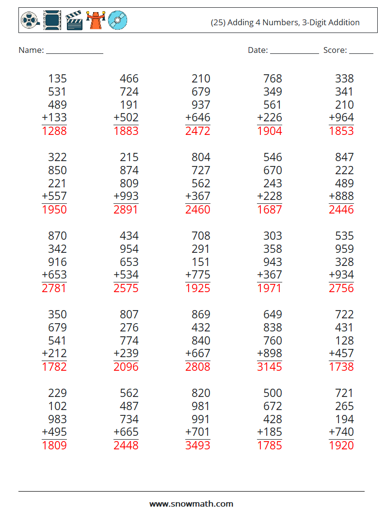 (25) Adding 4 Numbers, 3-Digit Addition Math Worksheets 5 Question, Answer