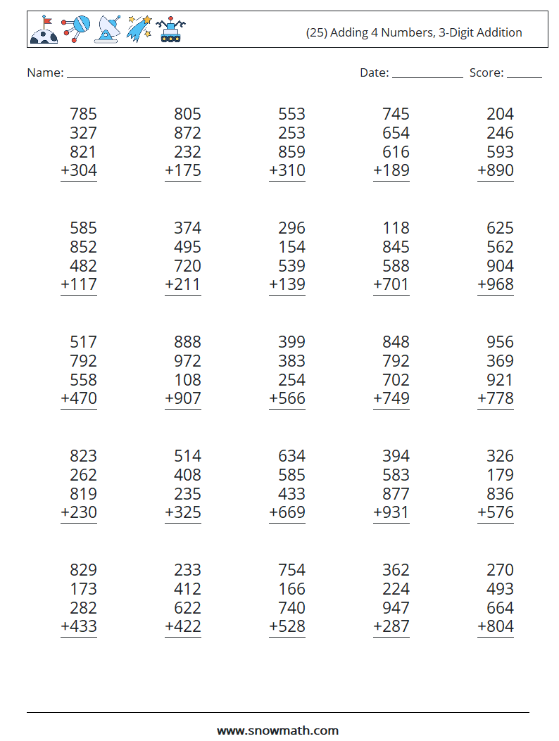 (25) Adding 4 Numbers, 3-Digit Addition Math Worksheets 6