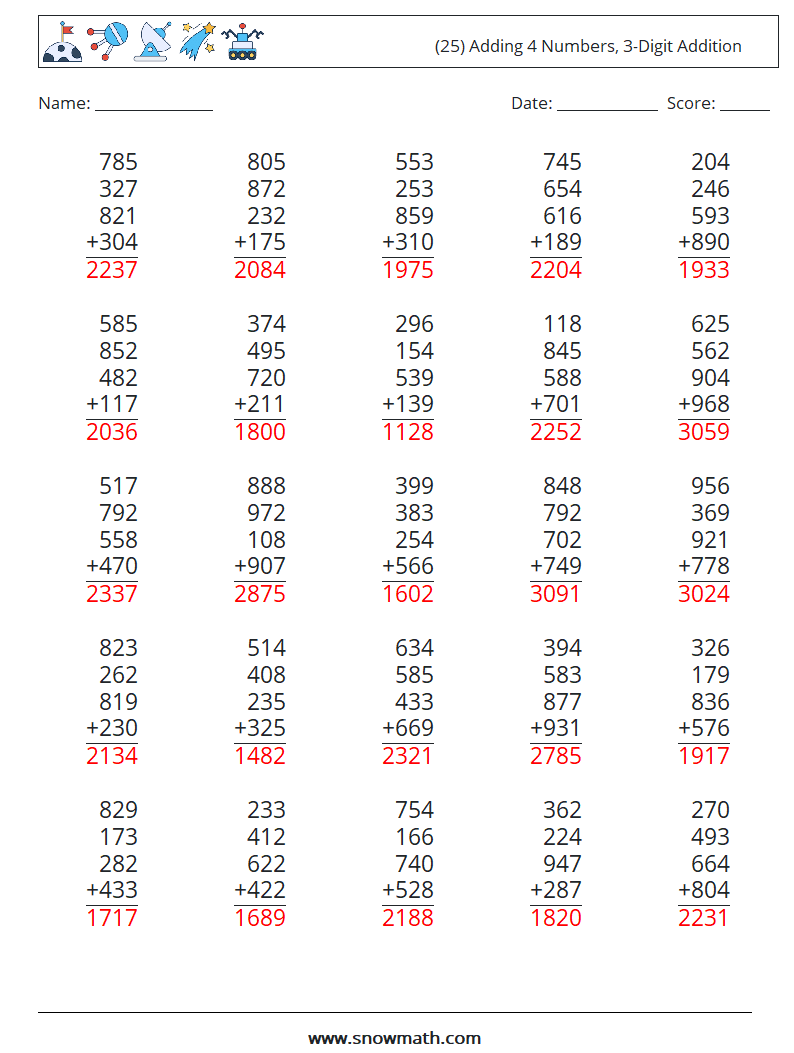 (25) Adding 4 Numbers, 3-Digit Addition Math Worksheets 6 Question, Answer