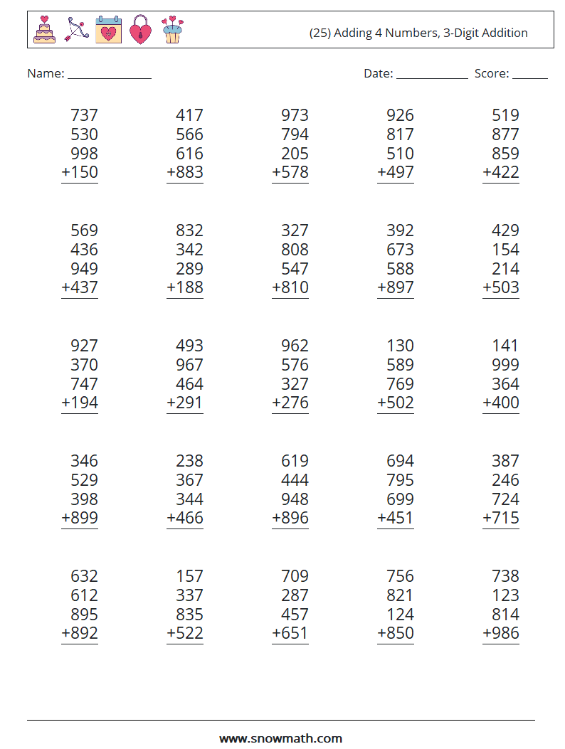 (25) Adding 4 Numbers, 3-Digit Addition Math Worksheets 7