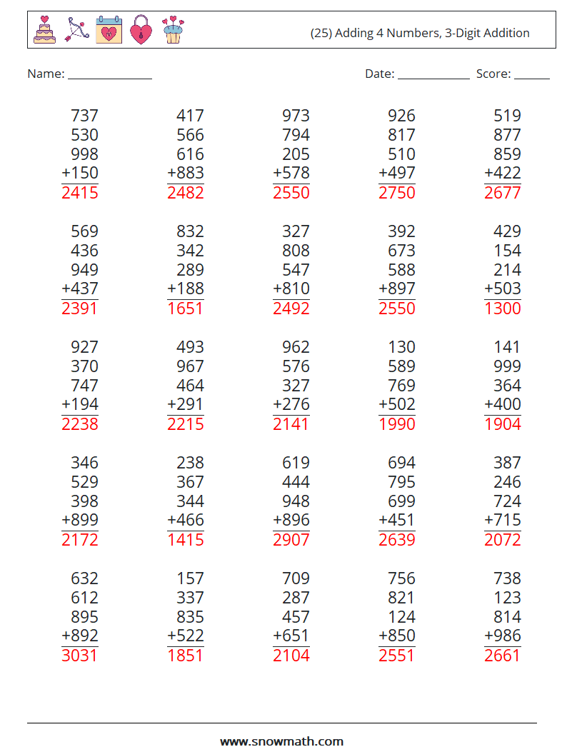 (25) Adding 4 Numbers, 3-Digit Addition Math Worksheets 7 Question, Answer