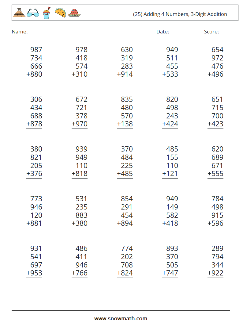 (25) Adding 4 Numbers, 3-Digit Addition Maths Worksheets 8