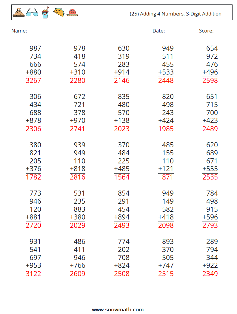 (25) Adding 4 Numbers, 3-Digit Addition Math Worksheets 8 Question, Answer