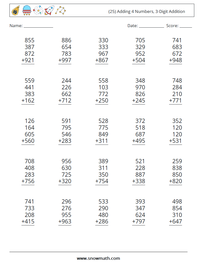 (25) Adding 4 Numbers, 3-Digit Addition Math Worksheets 9